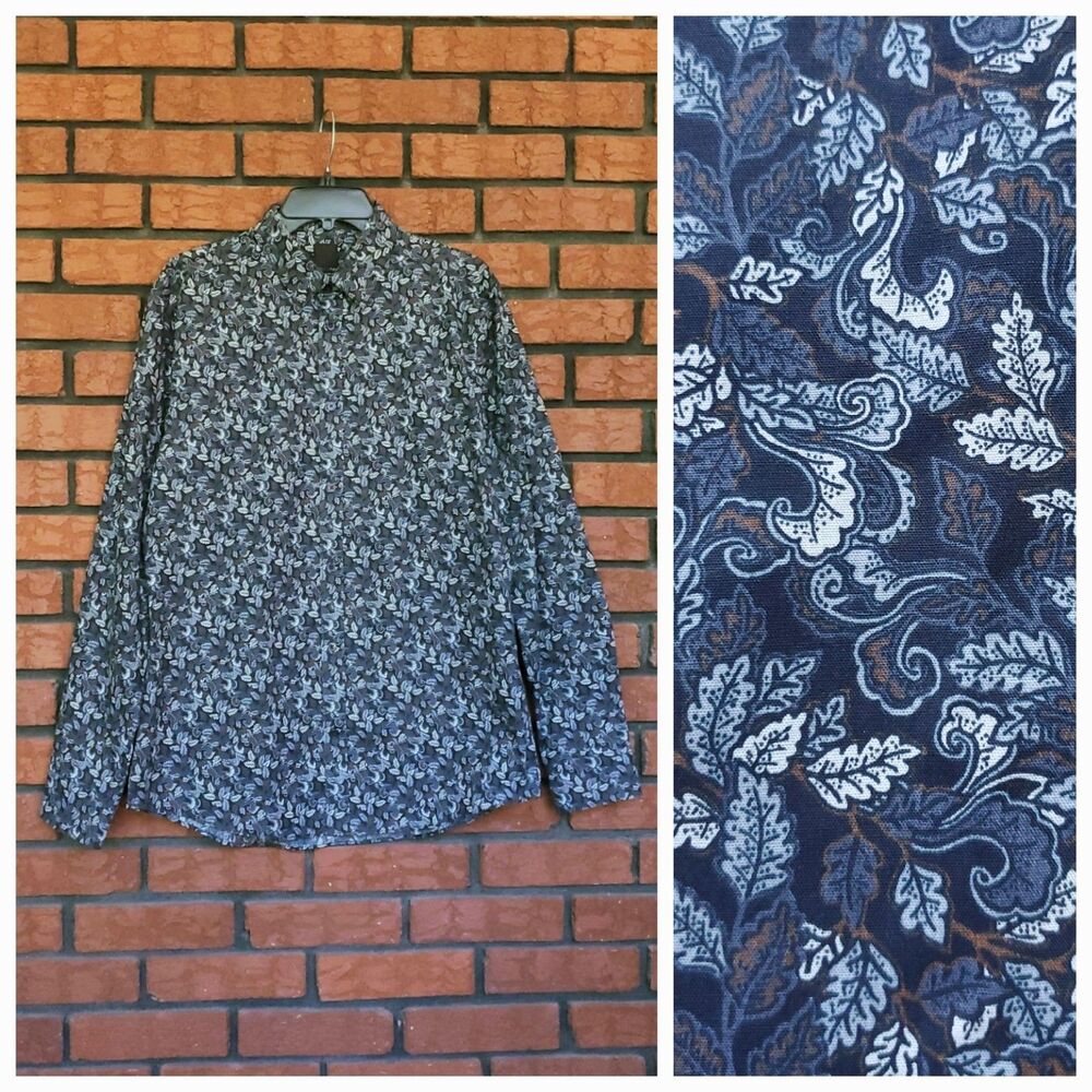 Mens Slim Fit Dress Shirt Sz L Blue Floral Leaf AOP All Over Print Long Sleeve